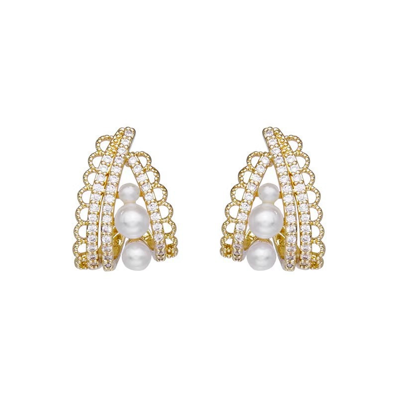 Micro-inlaid zircon lace pearl stud earrings for women, French style, simple design sense earrings, light luxury and high-end earrings Item Picture