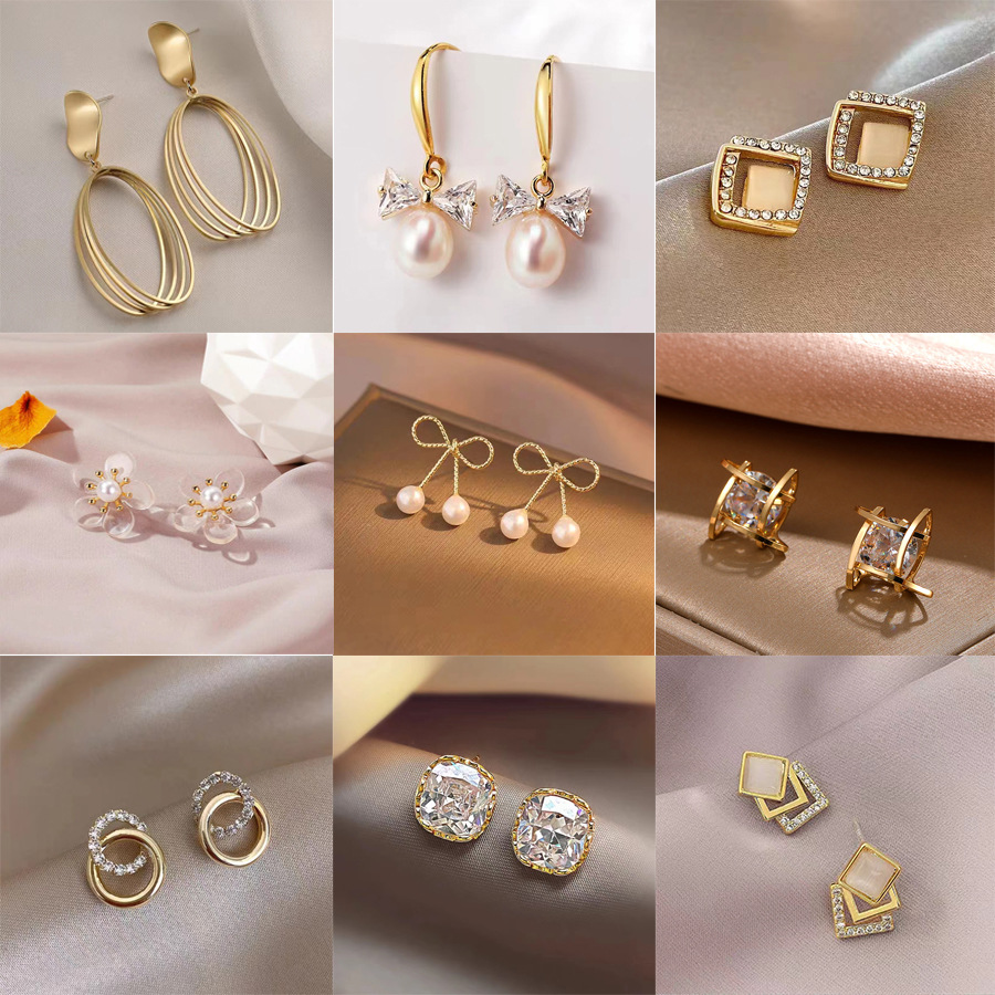 Cross-border best-selling diamond-encrusted geometric earrings for women, French light luxury creative design, flower-shaped heart-shaped stud earrings wholesale full figure