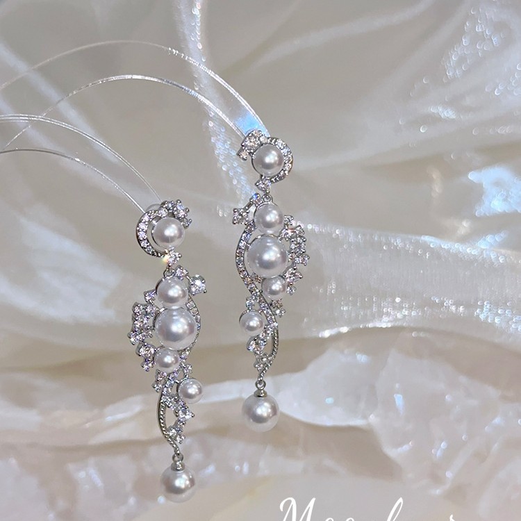 Luxurious tassel pearl new exaggerated earrings, light luxury banquet high-end dress stud earrings, cross-border best-selling earrings Specification drawing
