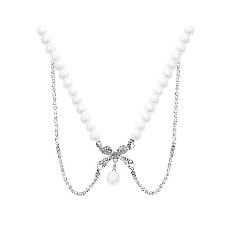 Double-layer bow pearl necklace for women, light luxury, niche, elegant and noble, collarbone chain, bridal dress necklace accessory Item Picture