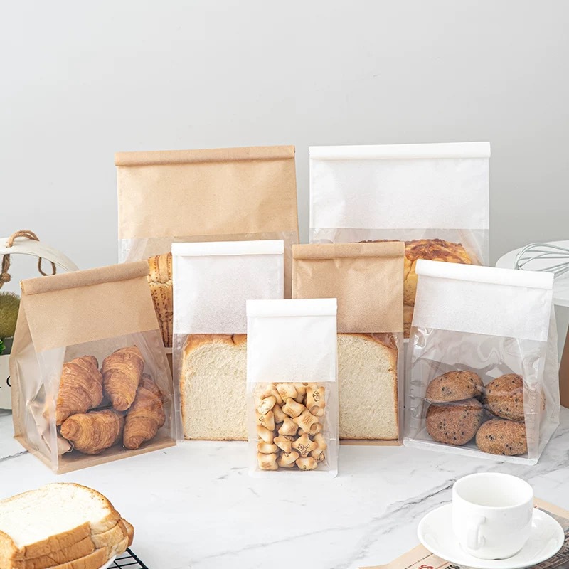 Toast bread packaging: cotton paper, cowhide, windowed transparent bread slices, 250-450g bag, rolled edge, wire sealed bag full figure