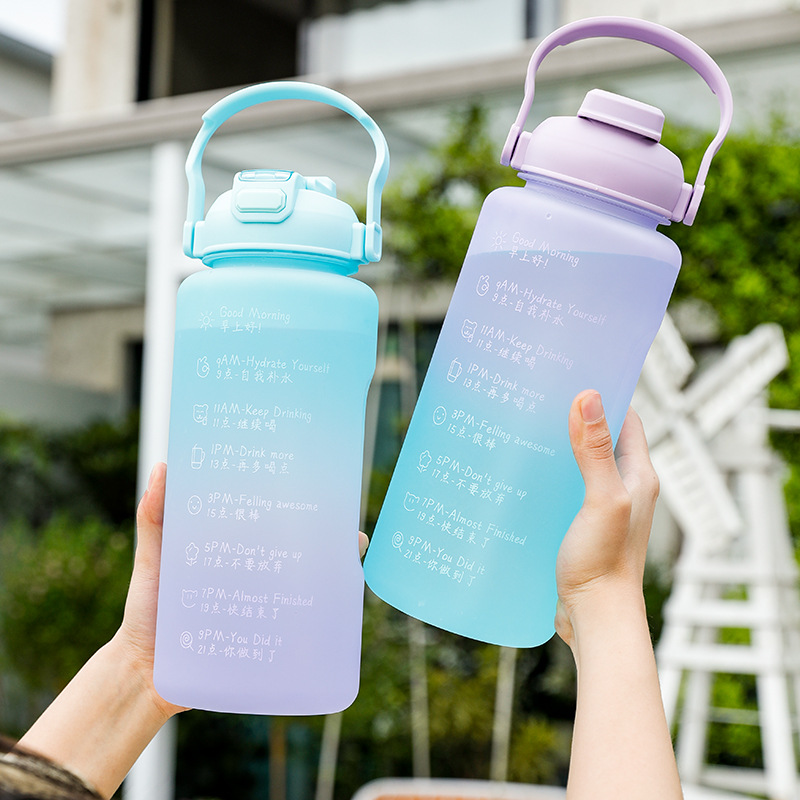 Customized large-capacity plastic water cups and frosted double-drinking cups for summer outdoor creative sports water bottles for internet-famous students full figure