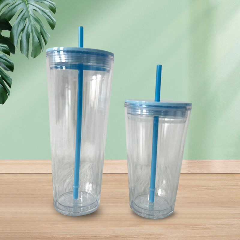 Factory wholesale double-layer plastic straw cups, transparent cool and trendy coffee cups with straws, student and girls' water cups full figure