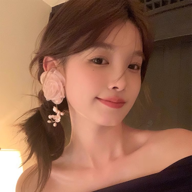 Sweet woven lace flower beaded tassel earrings for women, fashionable, elegant, vacation-style, high-quality and high-end earrings for women Specification drawing
