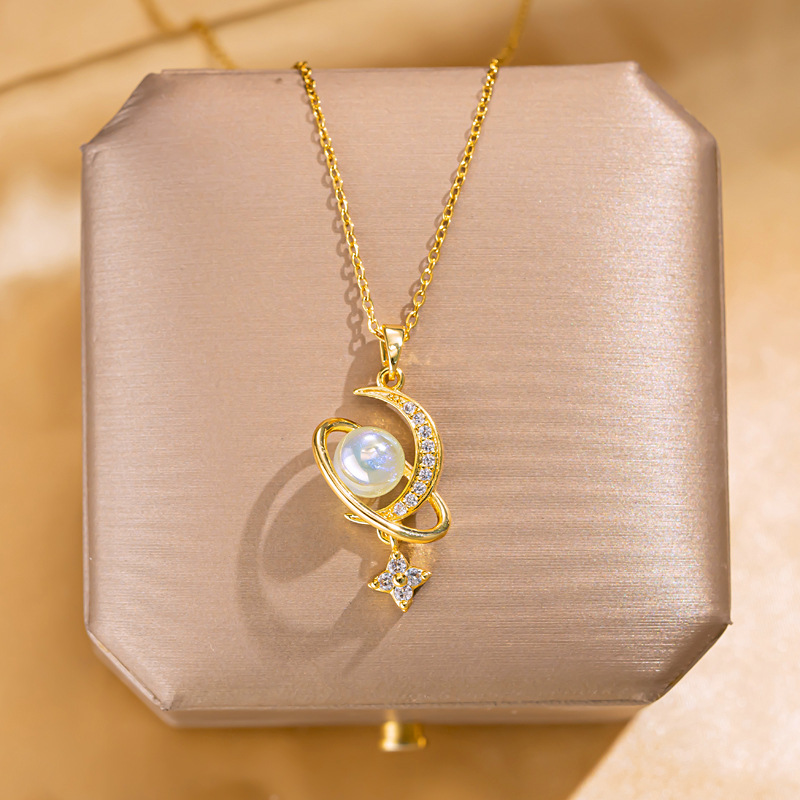 Mermaid Princess Pearl Moon Planet Pendant Titanium steel necklace with a unique design sense for women, new collarbone chain high-end accessory full figure