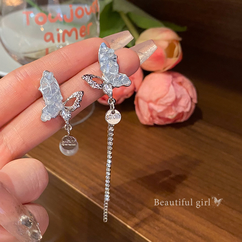 S925 Silver needle Long tassel asymmetrical butterfly Stud earrings Women's Summer bestseller Blue diamond pearl earrings wholesale Application Scenario