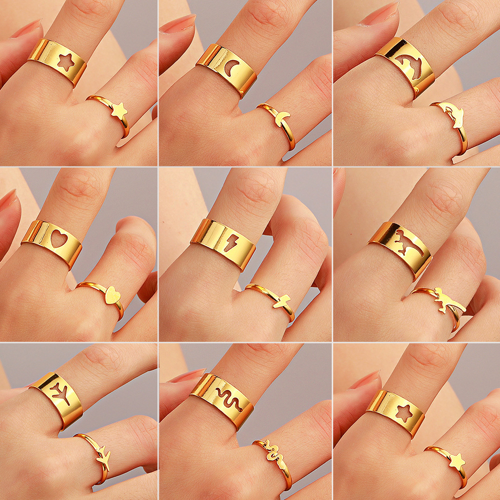 Aliexpress's same style couple ring set, European and American InS-style personalized moon and star open index finger ring 2-piece set full figure