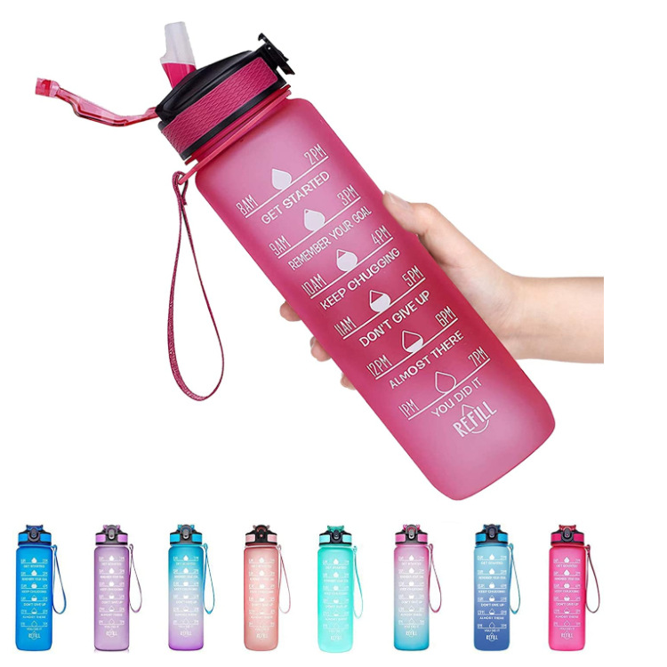 Amazon gradient color plastic cup 1000ml Space cup with pop-up lid, frosted straw cup with time scale in stock details Picture