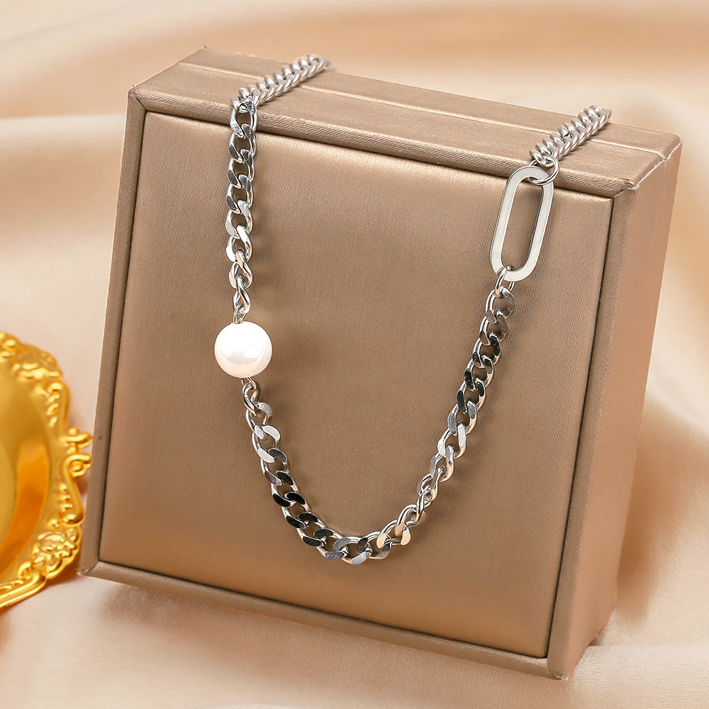 Titanium steel simple pearl necklace, Instagram-style, individualistic and trendy hip-hop sweater hoodie chain, a niche and versatile high-end accessory details Picture