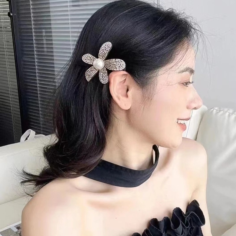 Xiaoxiangfeng Full Diamond Flower Hairpin for Women, 2024 new style bangs hairpin, side clip, side cut hair arrangement, duckbill clip Specification drawing