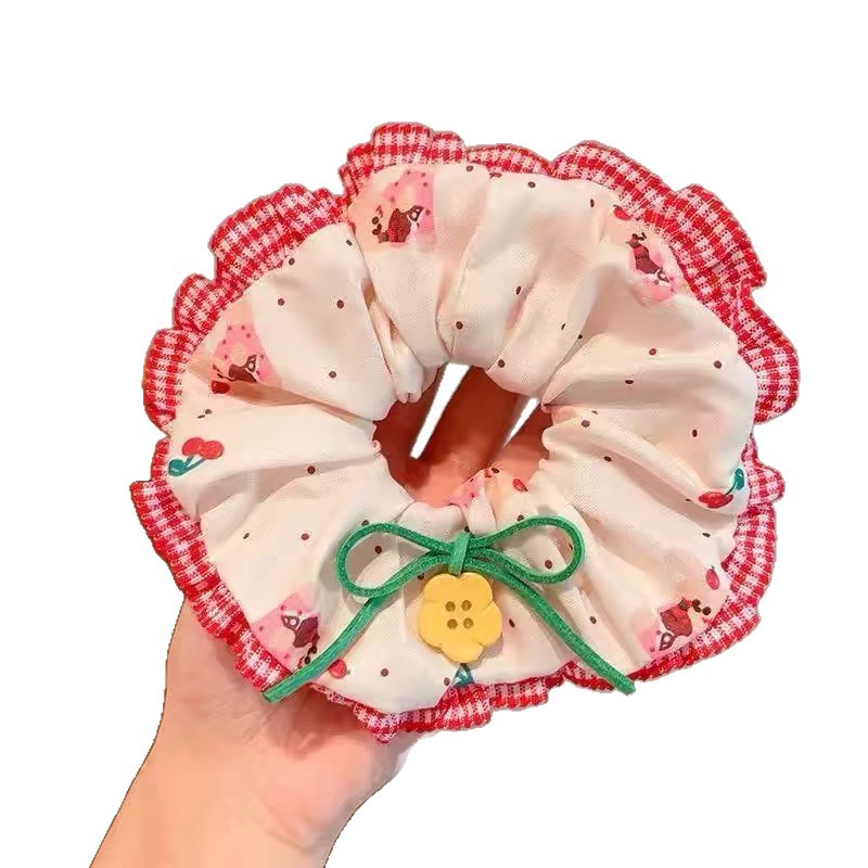 Cherry Bear! Forest-themed flower button lace edge large intestine hair band handmade hair accessory, red hair rope headwear hair accessory Item Picture
