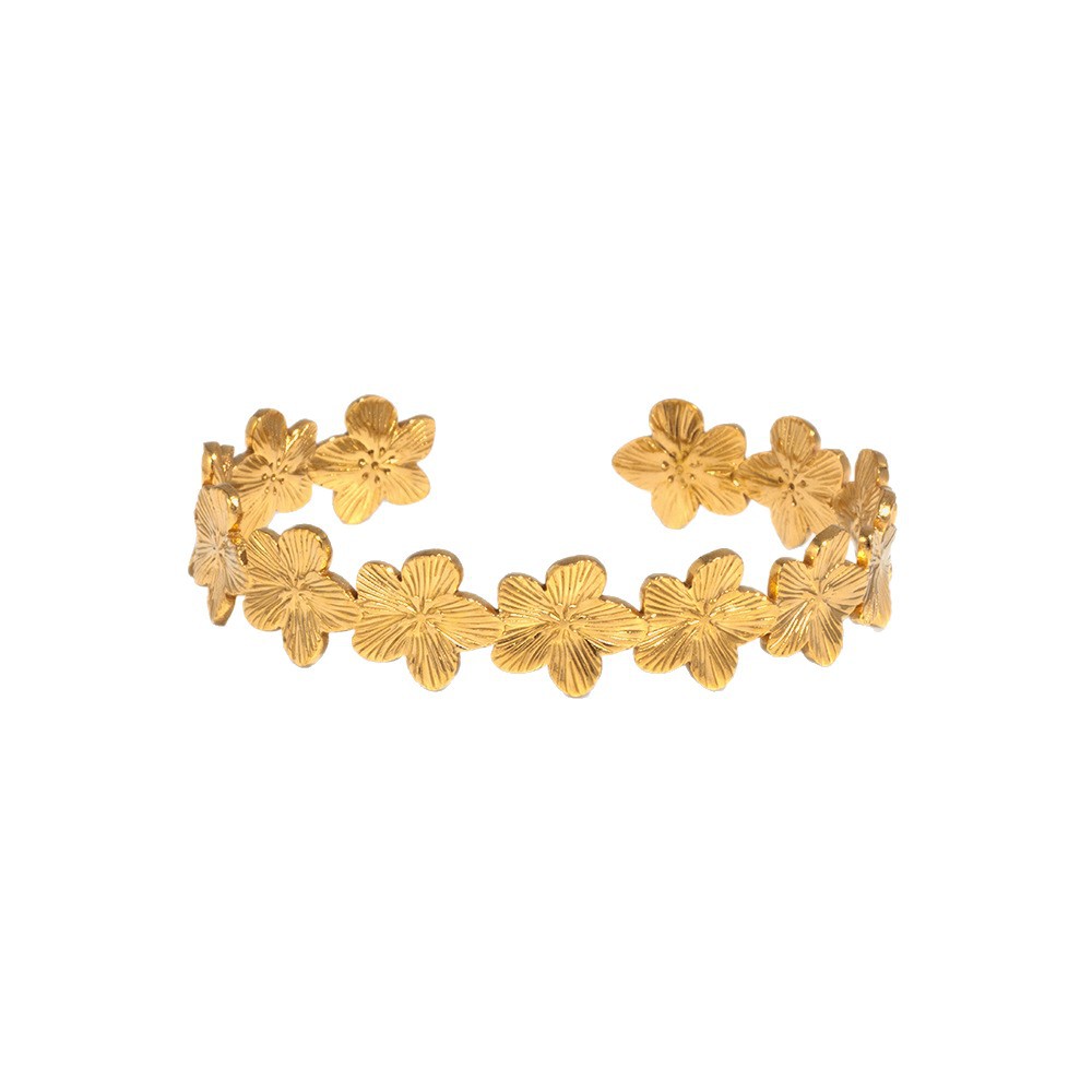 European and American stainless steel ribbed flower open ring, light luxury ins style titanium steel flower bracelet, cross-border jewelry bracelet Item Picture
