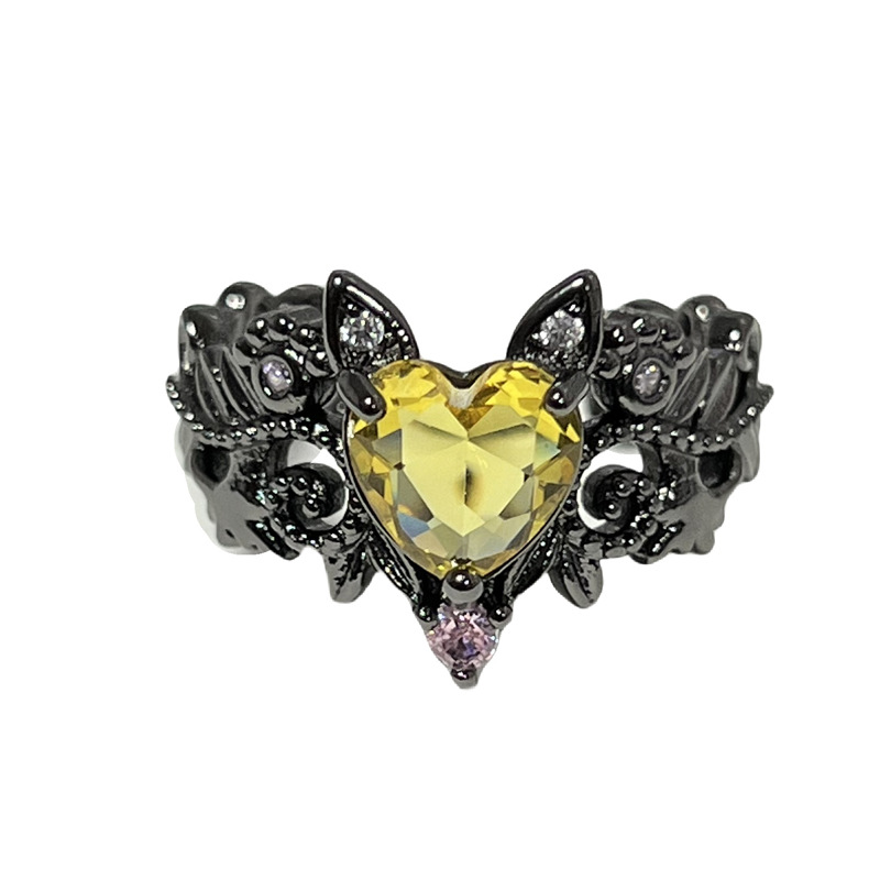 Sweet and cool dark style thorny fashion cross-border yellow diamond heart-shaped opening ring, a small punk simple layered ring for women Item Picture