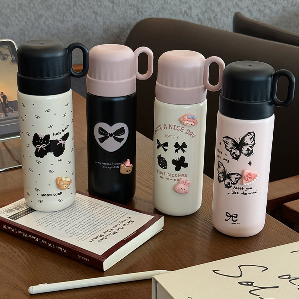New bowknot girls' insulated cup with high appearance level, portable one-lid dual-purpose stainless steel cup gift details Picture