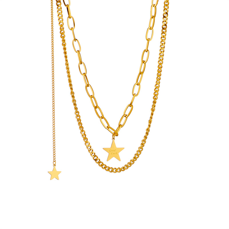 European and American ins double-layer five-pointed star pendant titanium steel, non-fading, unique and unique style, versatile accessory collarbone necklace Item Picture