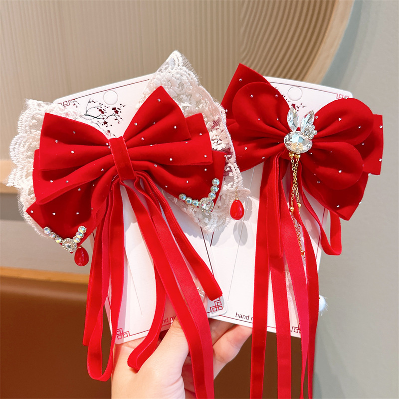 Children's New Year headwear, festive ribbons, back-pressing hair clips, Chinese-style Hanfu hair accessories, girls' New Year ancient-style hair clips Specification drawing
