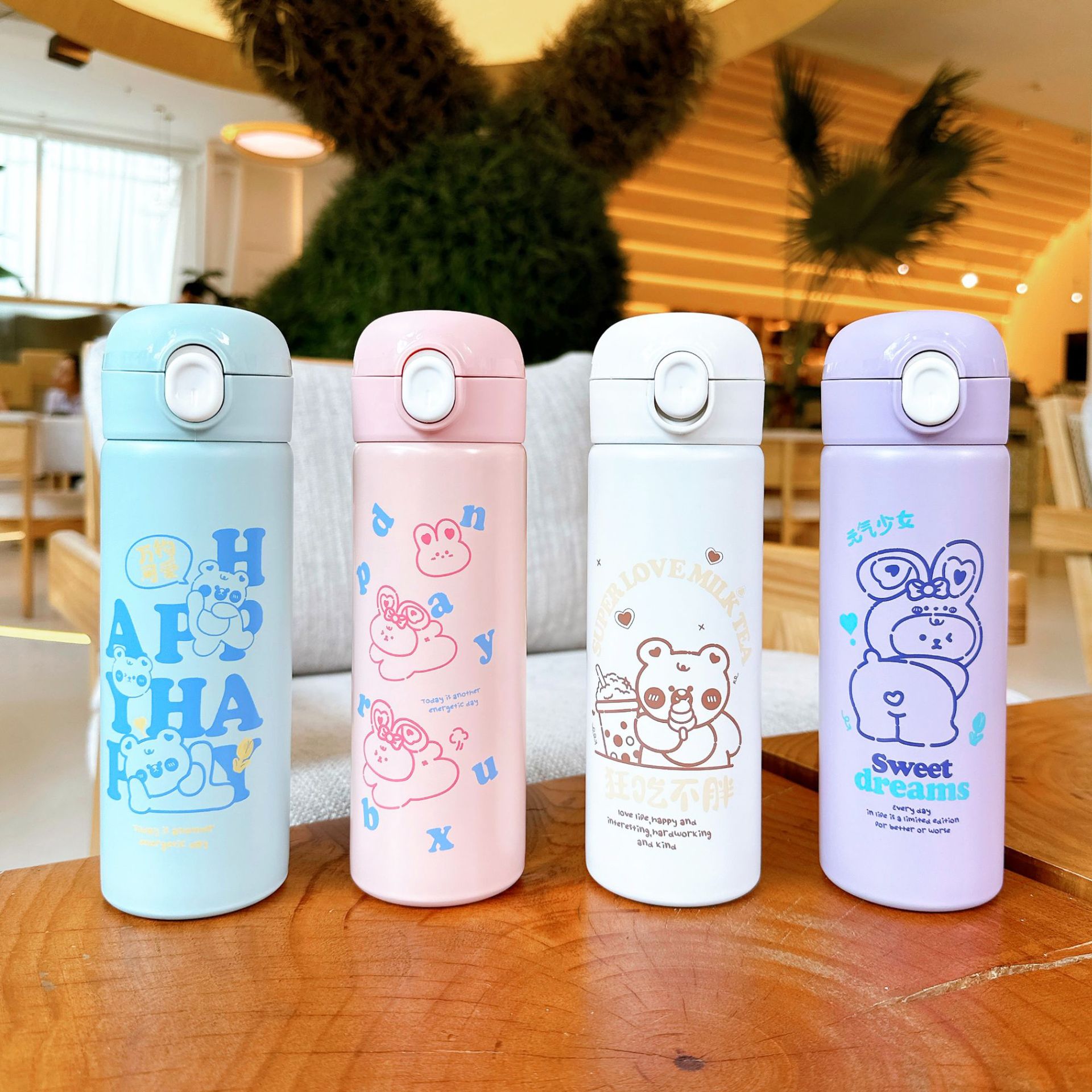 New cute water cup, stainless steel simple cartoon direct drinking cup, portable pop-up lid, student high appearance level insulated cup full figure
