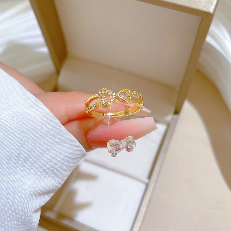 【 Real Gold Electroplating 】 Heart-to-Heart compatible women's fashion micro-set light luxury ring index finger ring, the same style as the Internet celebrity's cold style details Picture