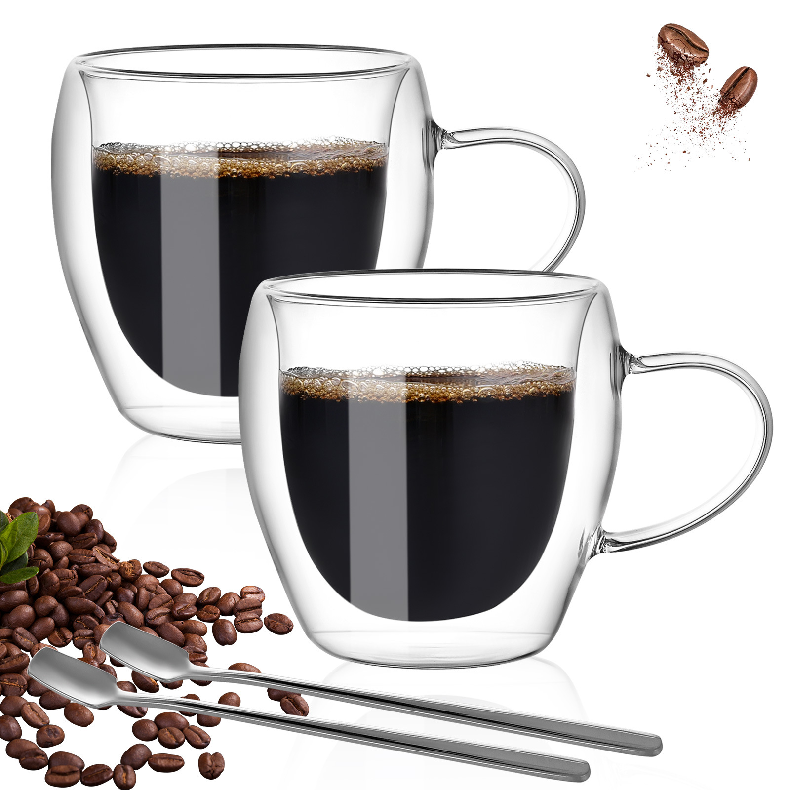 Double-layer glass coffee cup, heat-insulating American transparent glass cup with handle, office high borosilicate heat-resistant tea cup full figure