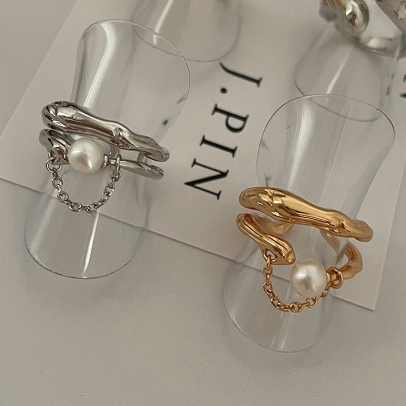 Double-layer irregular metal pearl open ring, a unique design for women, retro, individual, simple and versatile, elegant ring full figure