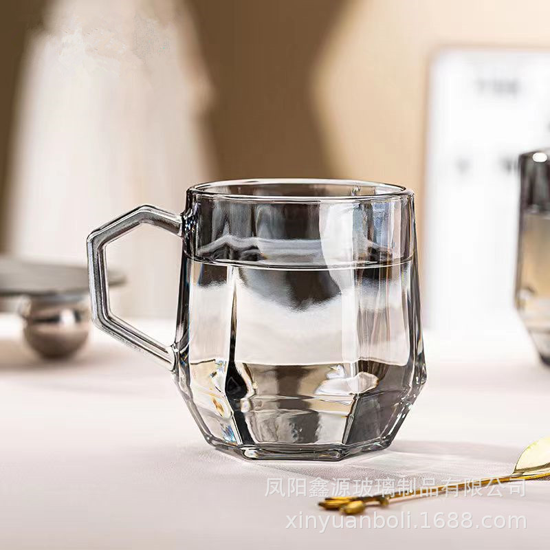 Diamond glass cup set with handle, simple and high appearance level, hexagonal ash amber breakfast cup, milk cup gift box set details Picture