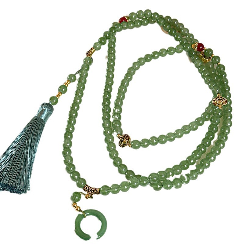 A 108-piece green beaded tassel necklace with a new Chinese style, a long crossbody chain sweater chain accessory Item Picture