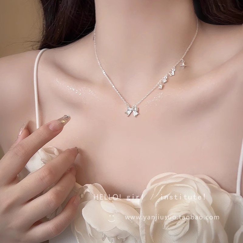 Tassel heart-shaped bow necklace for women, 2025 new style, sweet and versatile, collarbone chain, cold style and simple necklace accessory details Picture