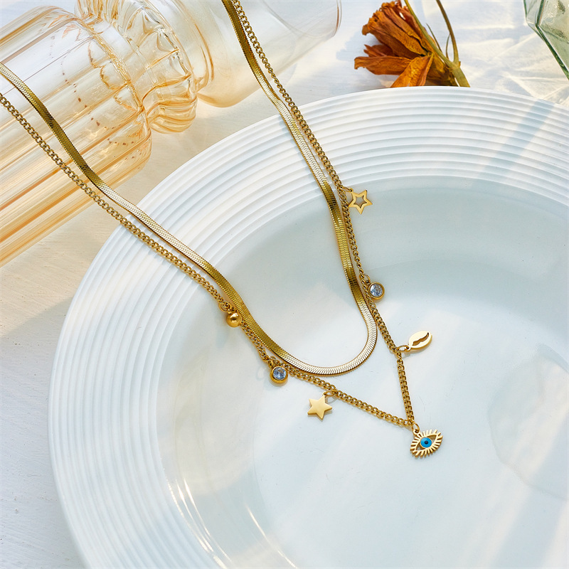 A double-layered stainless steel star-shaped shell hollowed-out eye pendant collarbone necklace with cross-border fashion accessories from Europe and America Specification drawing