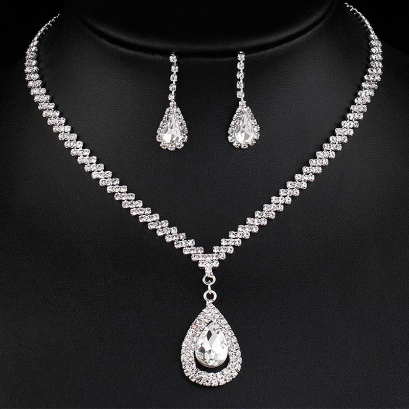 Korean-style fashionable and elegant sparkling diamond luxurious water drop bride set, bride accessories necklace earrings set N5644 full figure