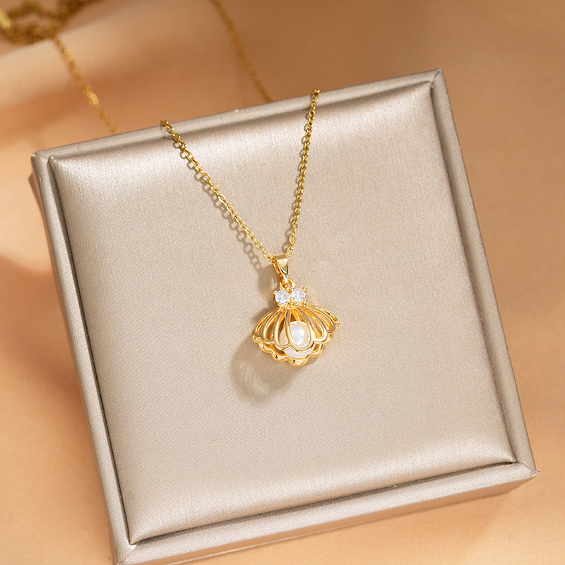 Korean-style light luxury hollowed-out pearl shell pendant, bow titanium steel necklace, women's fashion zircon full diamond collarbone chain Specification drawing