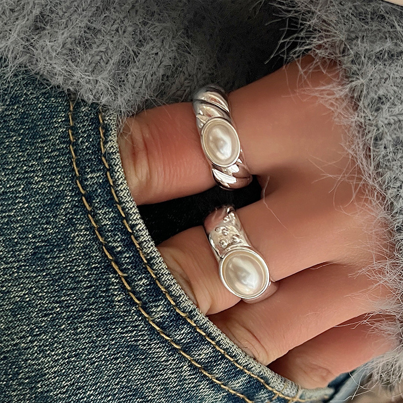 Silver pearl-encrusted wide-face open ring, French versatile ring, adjustable for children, cold style, European and American high-end feel Specification drawing