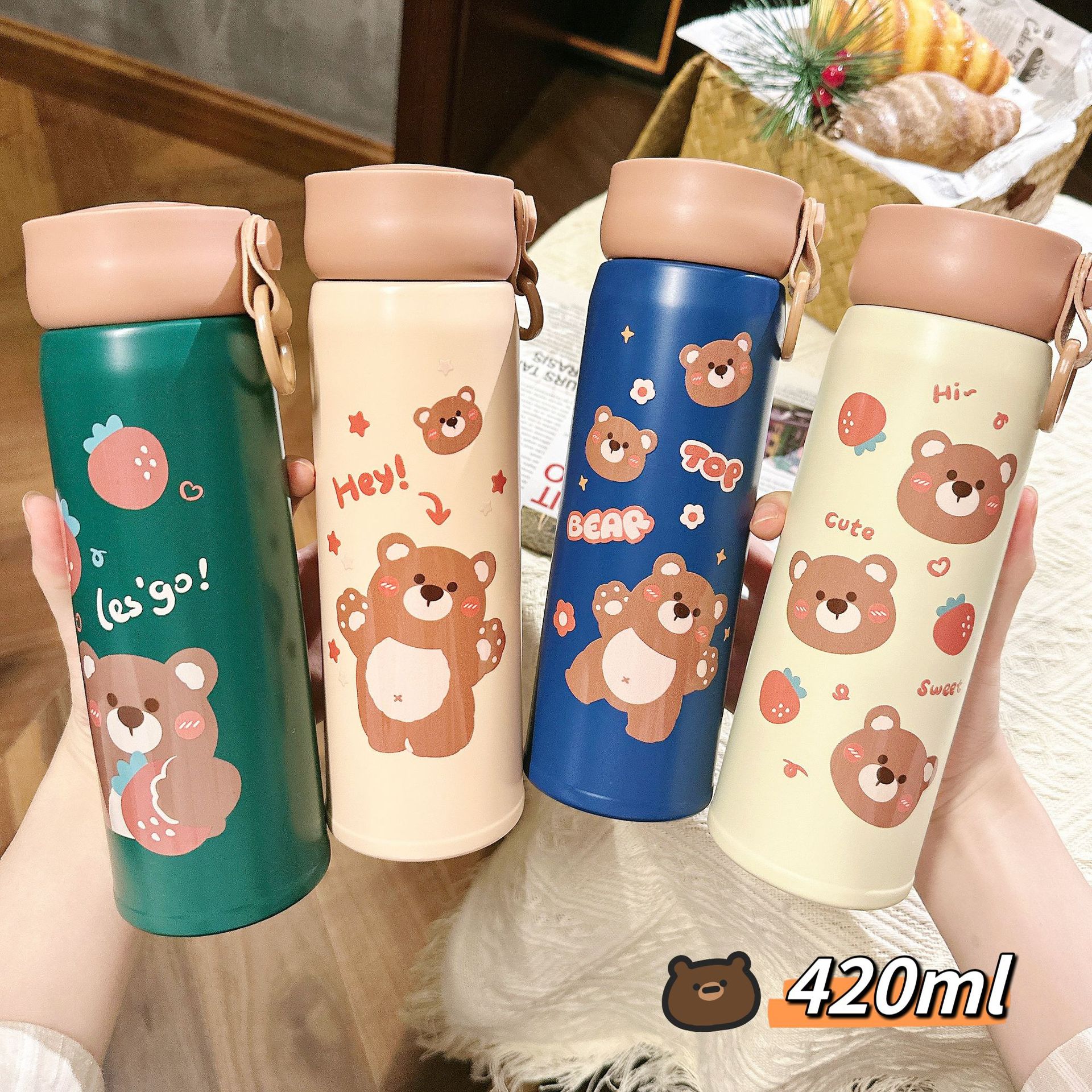 Little Bear insulated cup, cute student cartoon hand-held insulated cup, portable direct drinking, cute stainless steel water cup gift details Picture