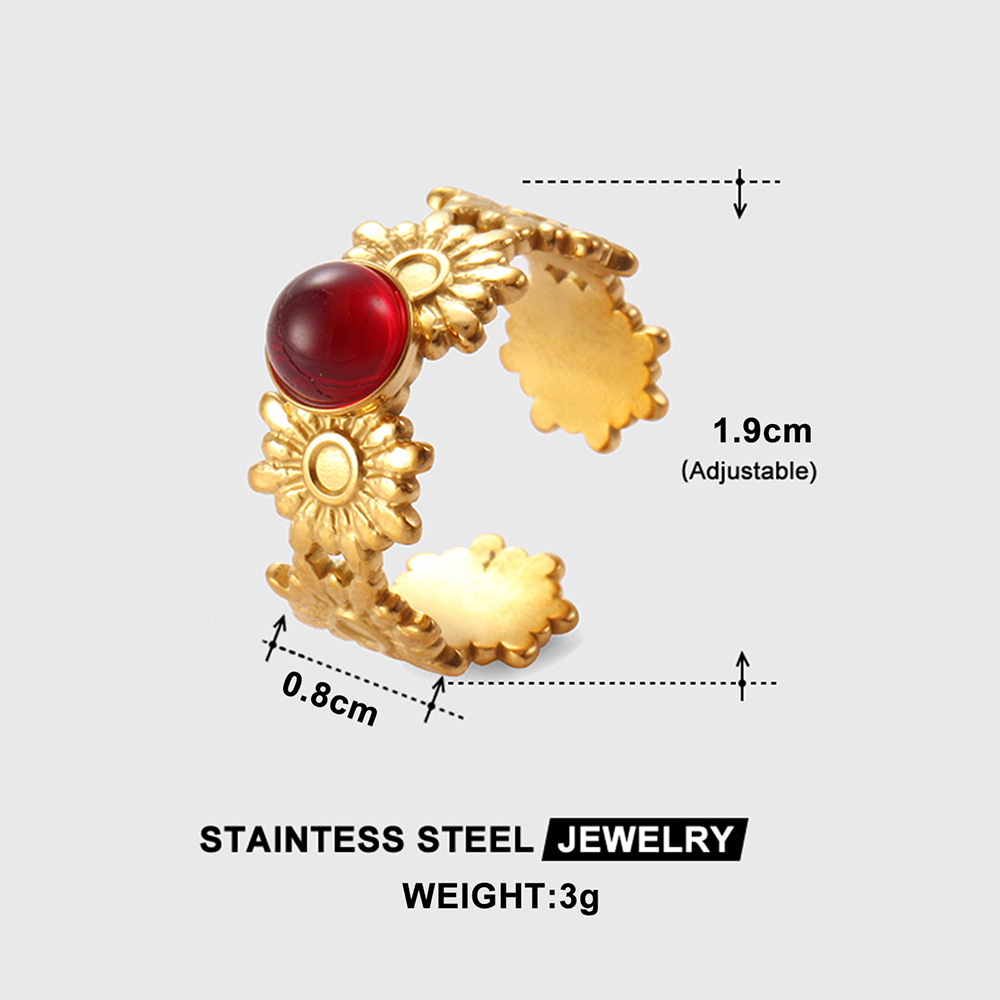 French retro flower multi-color stone jewelry design, exquisite and versatile design, open stainless steel ring for women Item Picture