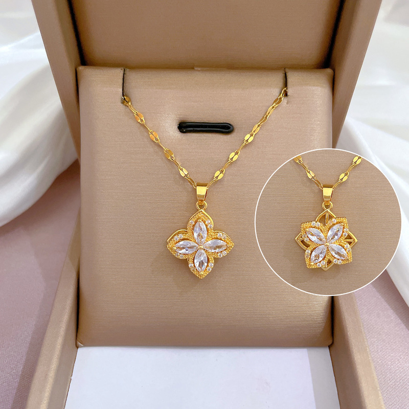 【 Titanium Steel 】 Light Luxury rotating flower Zircon light luxury design Versatile Korean style Instagram Niche design live-streaming necklace full figure