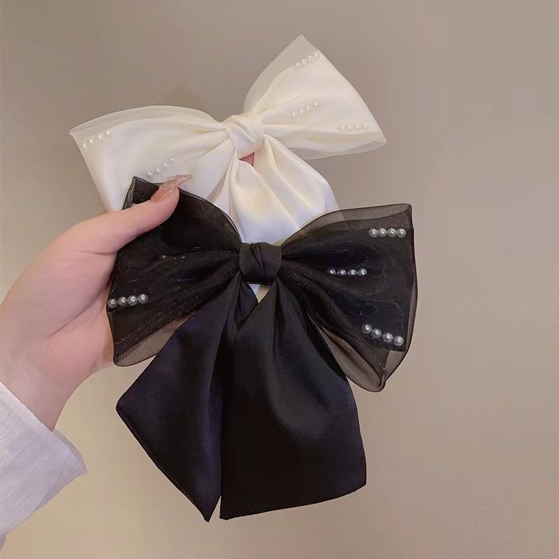 Mesh pearl black bow hair clip, women's back head coil spring clip, high-end satin top clip hair accessory details Picture