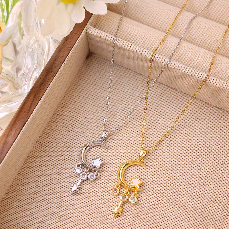 Silver, elegant and high-end tassel, star and moon titanium steel necklace, a unique and light luxury zircon collarbone chain accessory for women Application Scenario