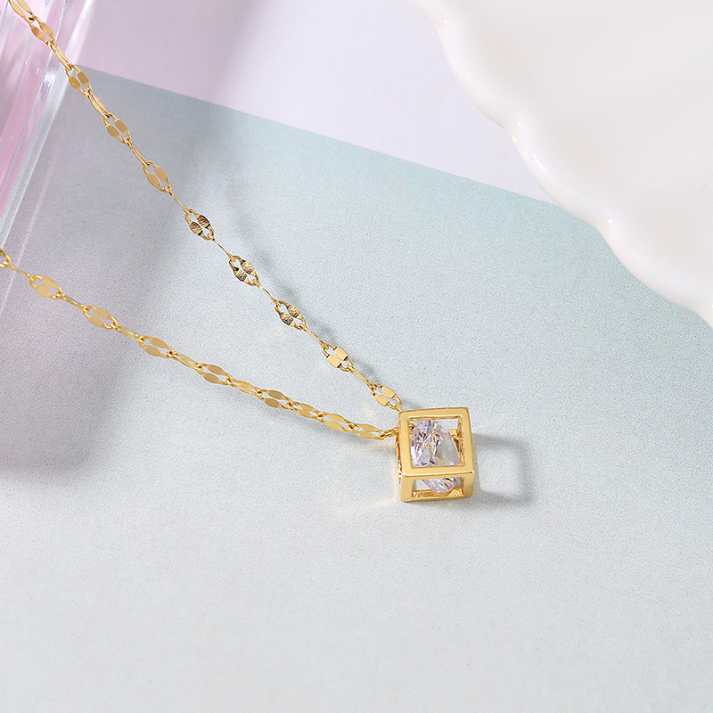 Korean 18k gold-plated hollowed-out square diamond titanium steel necklace for women, simple square zircon pendant, popular collarbone chain wholesale Application Scenario