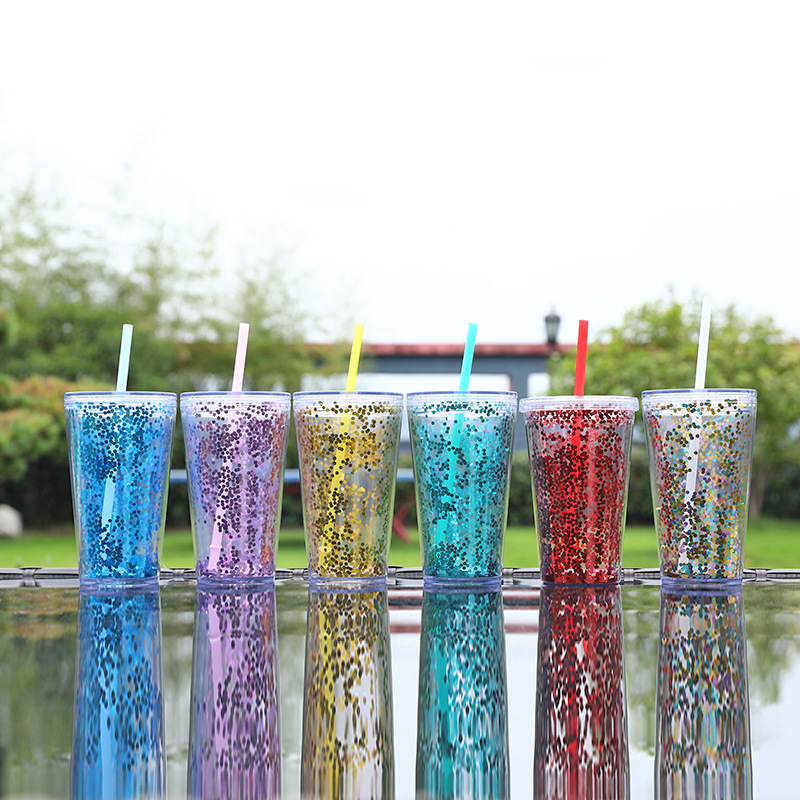 2025 Cross-border new model factory direct supply transparent bright sheet double-layer thickened plastic cup 16oz creative straw cup, durable details Picture