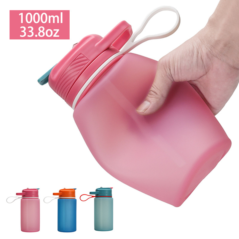 1L portable sports water bottle, hand-held creative silicone folding cup, outdoor travel straw water cup in stock details Picture