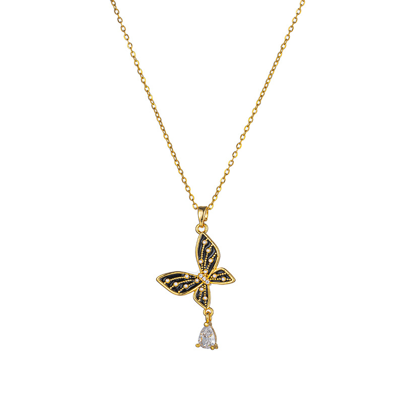 European and American fashionable and elegant pearl oil drip butterfly necklace, high-end design sense for women, tassel pendant, popular and versatile accessory Item Picture