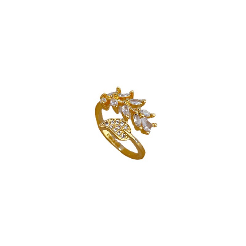 【 Real Gold electroplating 】 Open leaf zircon fashionable slightly inlaid light luxury ring index finger ring, the same style as the Internet celebrity, cold style Item Picture
