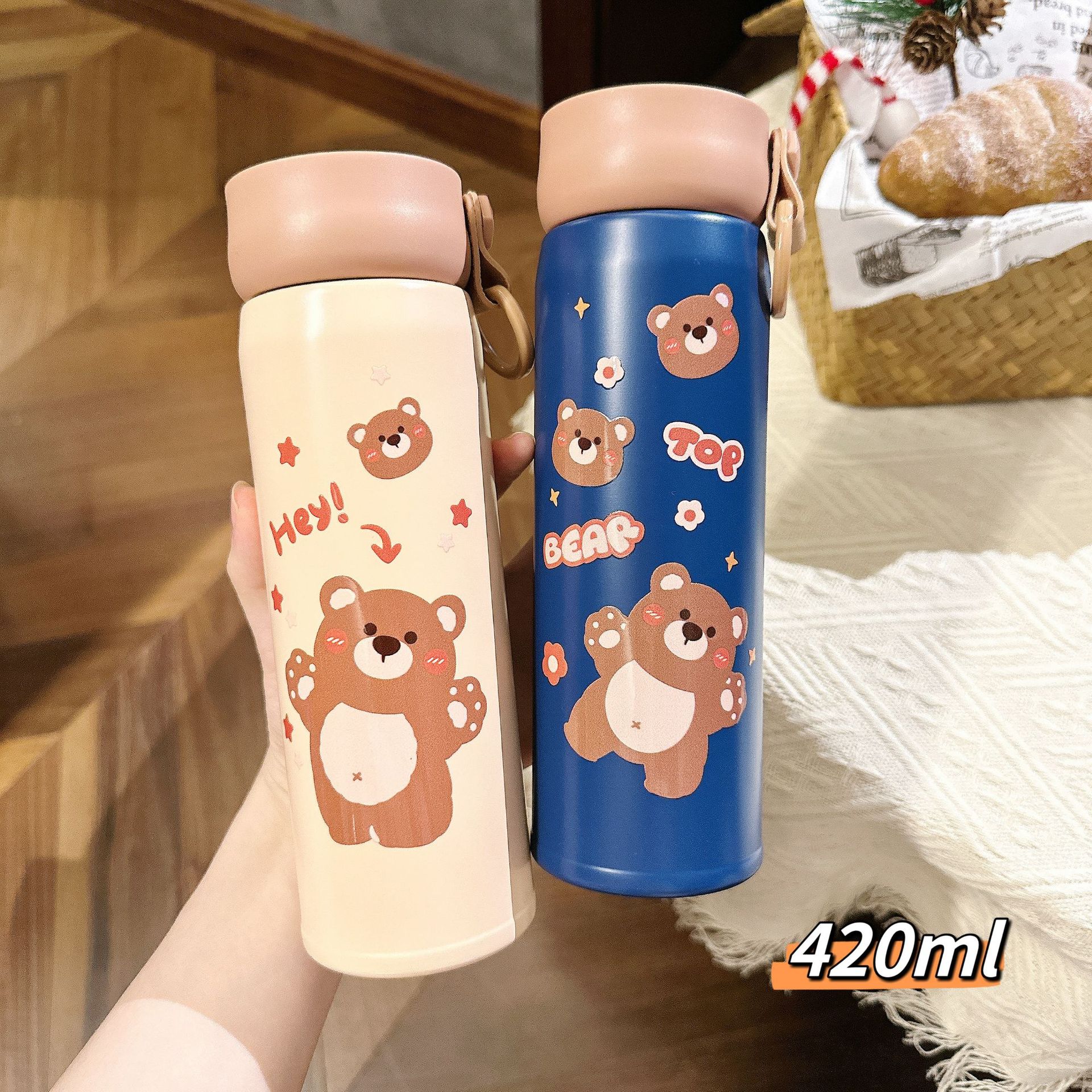 Little Bear insulated cup, cute student cartoon hand-held insulated cup, portable direct drinking, cute stainless steel water cup gift full figure