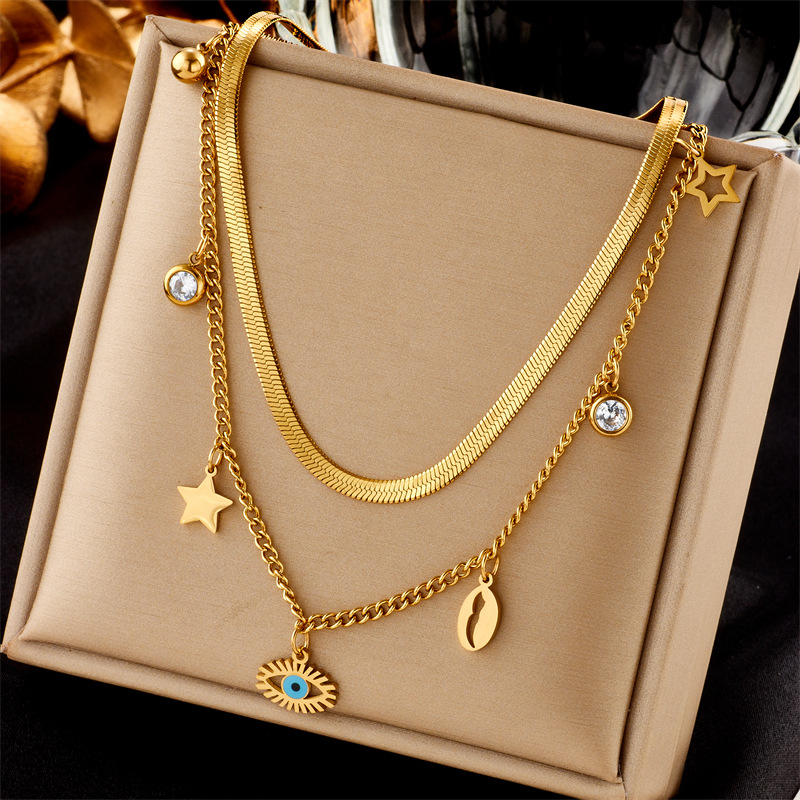 A double-layered stainless steel star-shaped shell hollowed-out eye pendant collarbone necklace with cross-border fashion accessories from Europe and America full figure