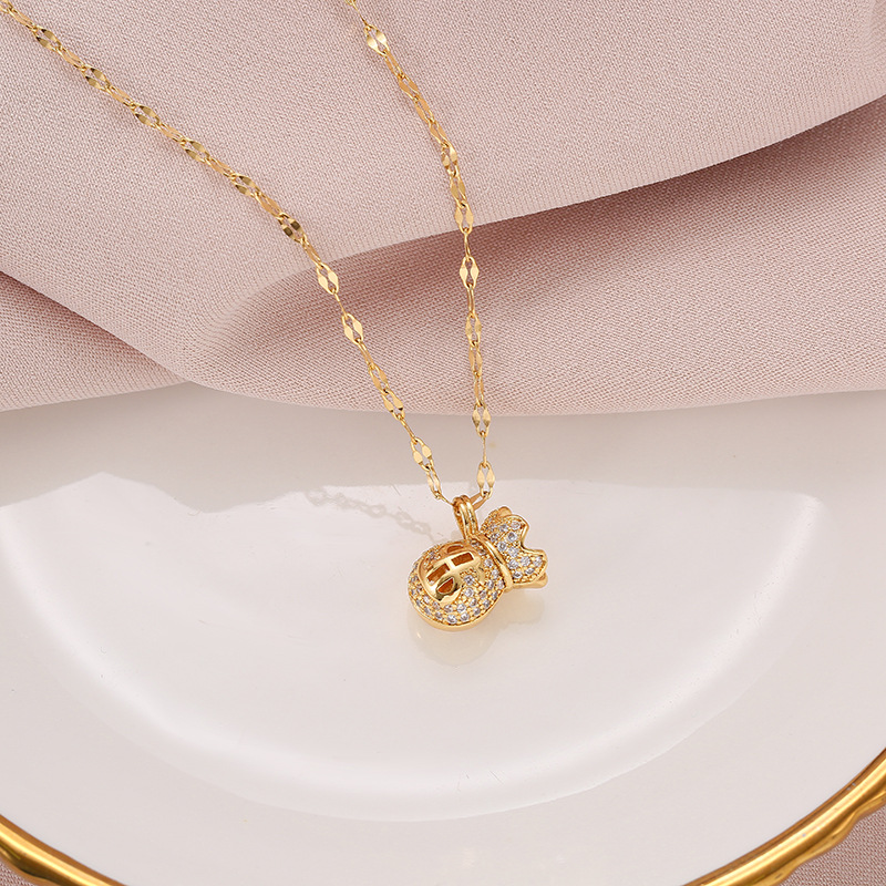 A fashionable and light luxury gold small money bag necklace with full diamonds, a high-end touch for women in summer, a gold-plated collarbone chain, a versatile accessory for Internet celebrities Specification drawing