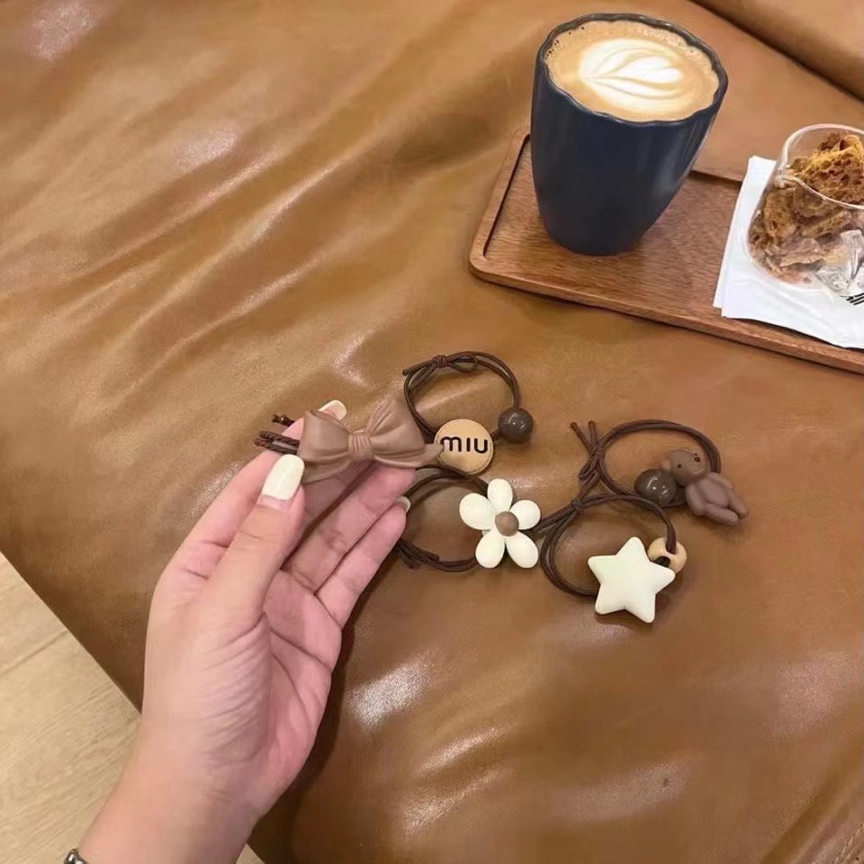 Milk coffee style 5-piece bear hair tie 2022 leather band women's hair tie appearance level hair band Bow hair tie hair band details Picture
