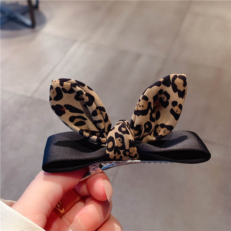 French leopard print rabbit ear hairpins for women, one-line bangs top clip, Korean broken hair side clip, popular hairpin headwear details Picture