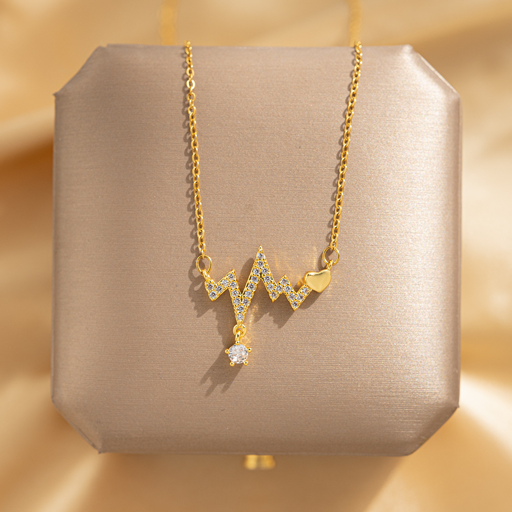 A light luxury full-diamond electrocardiogram heart-shaped pendant titanium steel necklace, a niche design sense for women, a popular collarbone chain fashion accessory full figure
