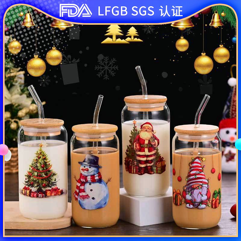 Covered straw Christmas cola cup, high-temperature resistant high borosilicate milk tea cup, Nordic Internet celebrity cup, school juice cup, beverage cup full figure