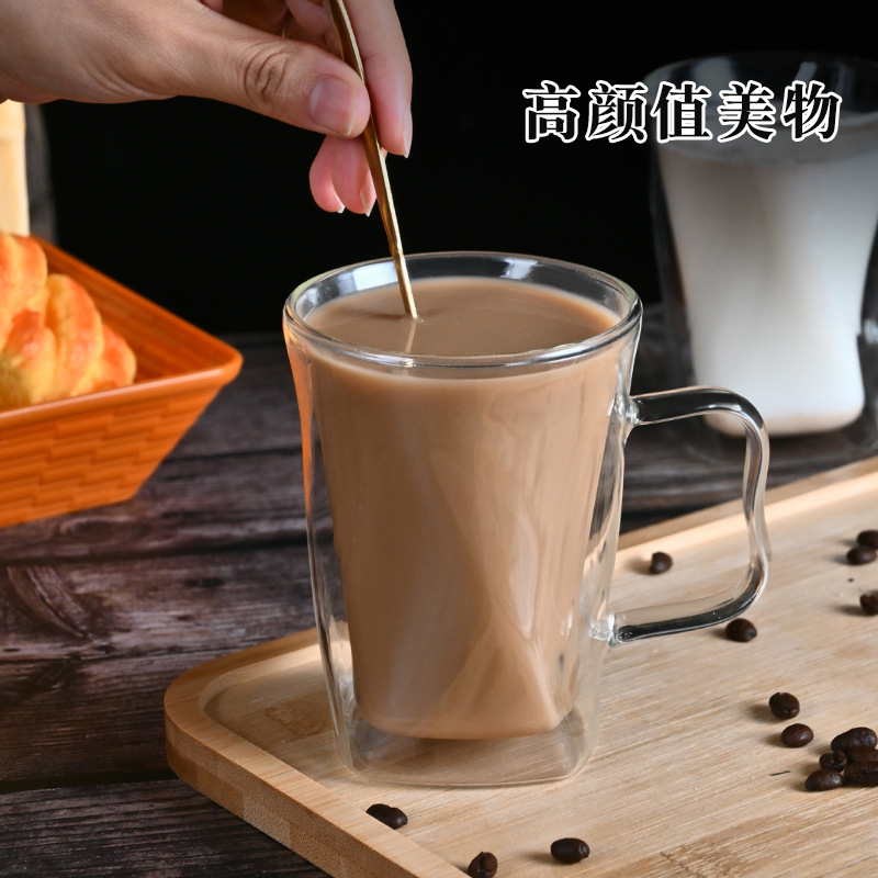 High-temperature resistant glass cup, double-layer heat-insulating water cup, household glass cup with handle, beverage cup, high appearance level transparent water cup details Picture