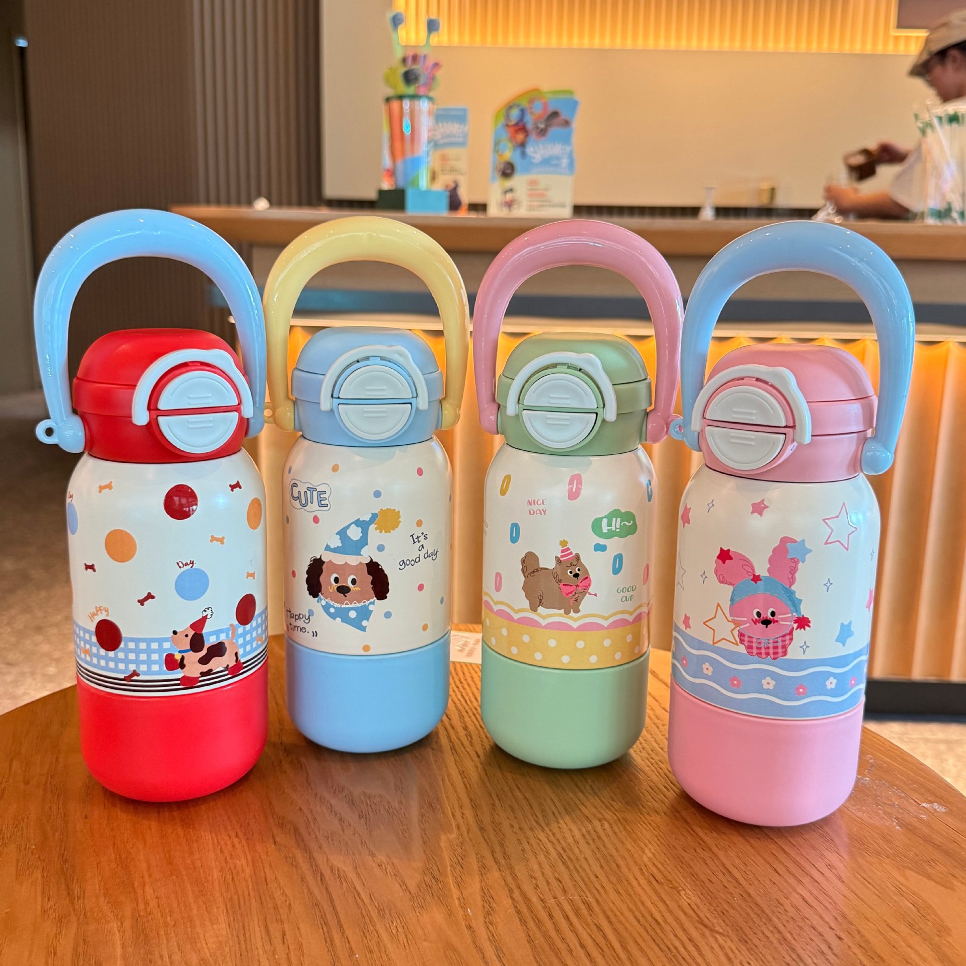ins High-appeartion-level portable three-drink thermos cup for girls, 316 stainless steel, student niche, non-identical cartoon straw cup full figure